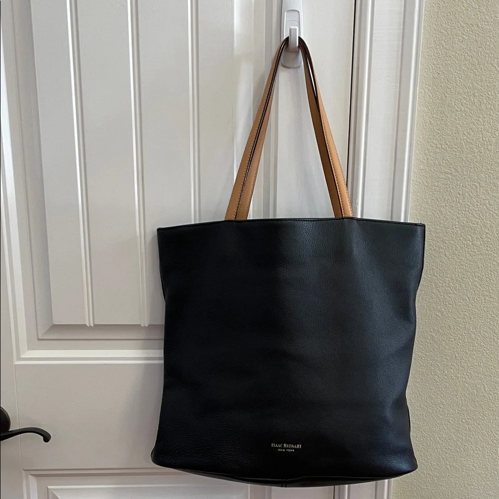 Isaac Mizrahi Black Leather Tote Purse with Tan Straps